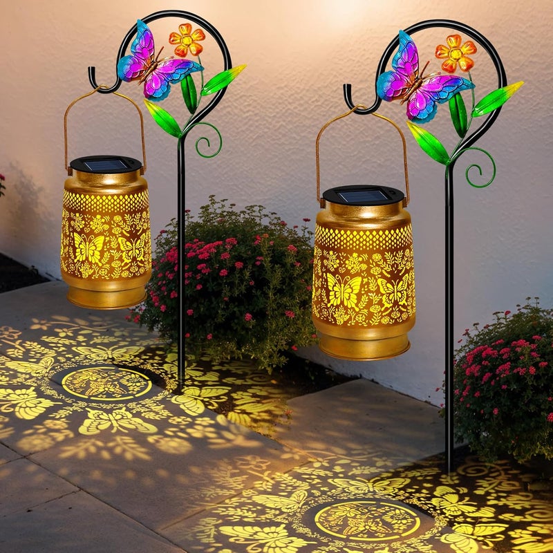 EDOF 2 Packs Butterfly Solar Lanterns Outdoor Waterproof with Shepherd Hook,Garden Lights Butterfly Decor,Christmas Decorations Birthday Gifts for Women Mom,Hanging Solar Lights Decorative for Patio,Porch - Image 1